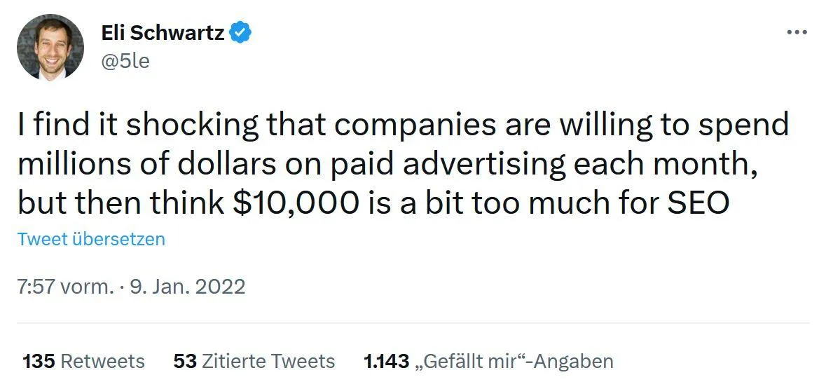 10k tweet about SEO costs by Eli Schwartz - Twitter