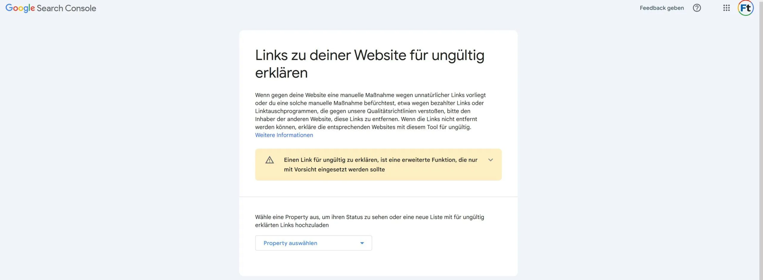 Screenshot of the upload interface of the Google Disavow Tool in the Search Consol