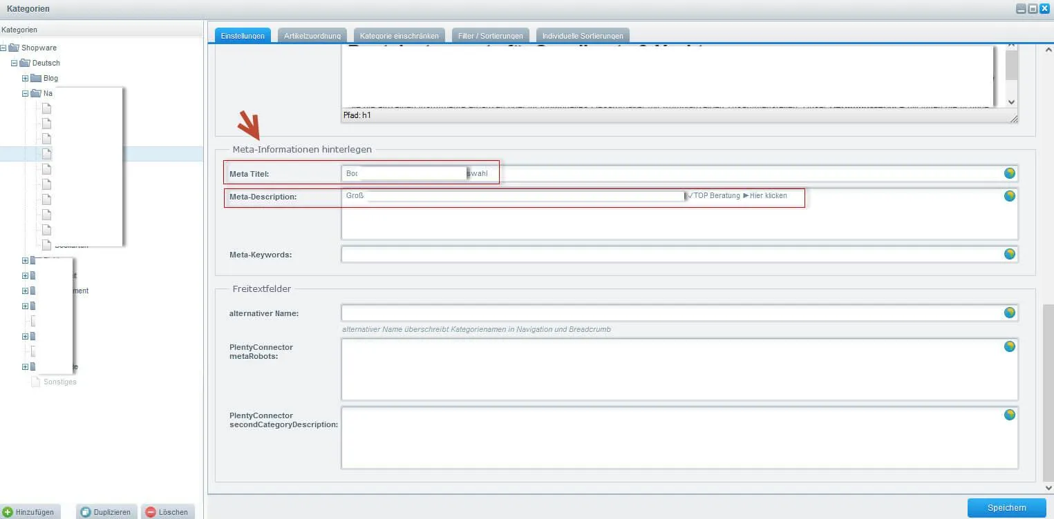 Entering the meta title and description in Shopware 5