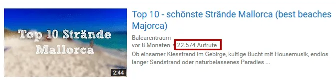 YouTube-Suchvorschläge zum Begriff Mallorca als Beispiel für die Themenrecherche
