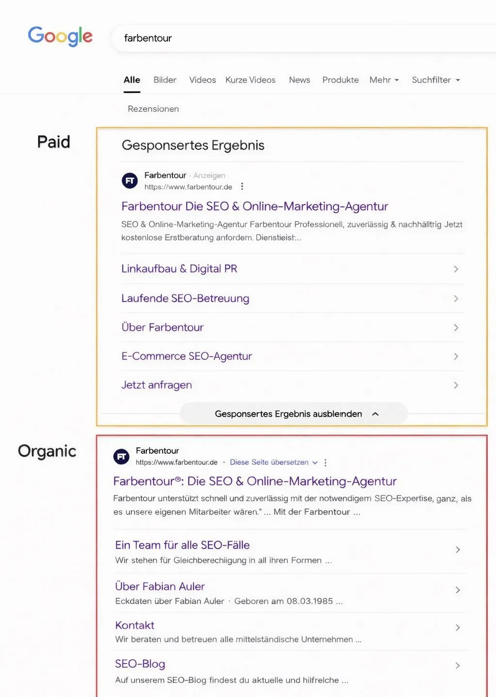 Fig.: The organic area (red) with paid Paid vs Organic Google SERPsads (orange)