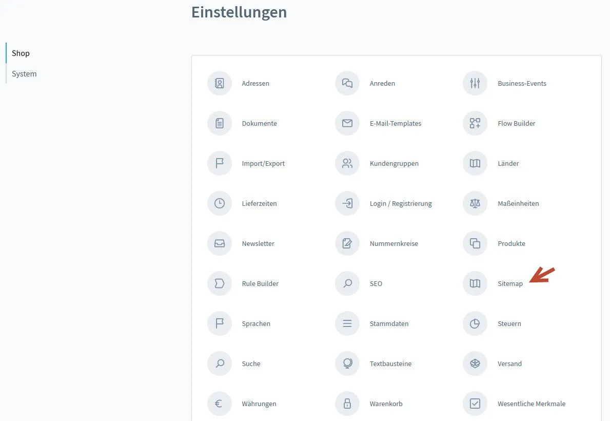 Shopware 6 sitemap under Settings