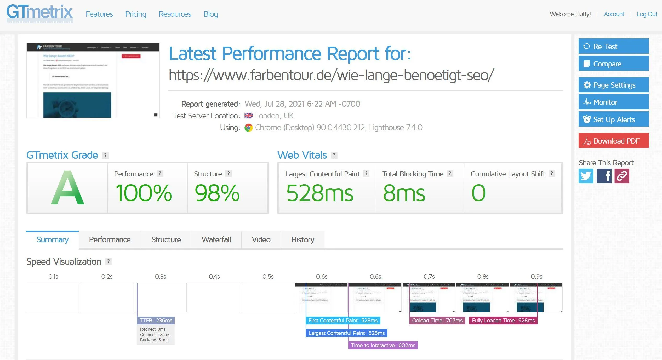 gtmetrix with core web vitals analysis