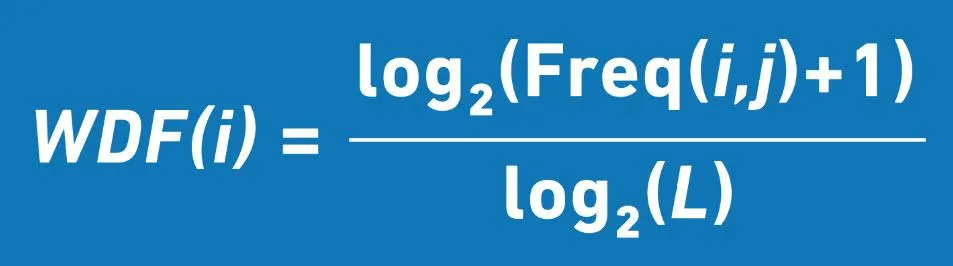 WDF formula: frequency of a term in the document relative to the maximum term frequency, logarithmically compressed
