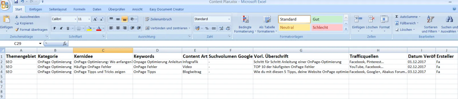 Beispiel eines Content-/Redaktionsplans in Excel