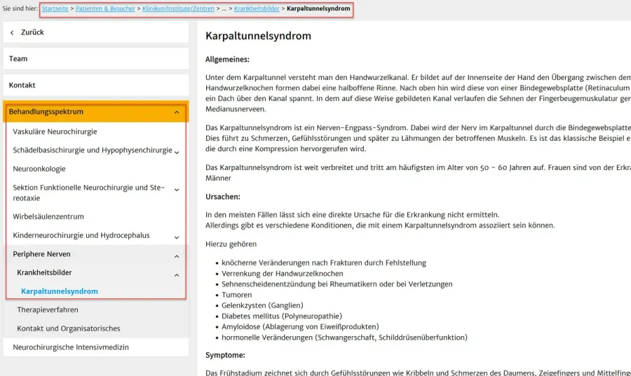 Sample article with site architecture of Düsseldorf University Hospital (carpal tunnel syndrome)