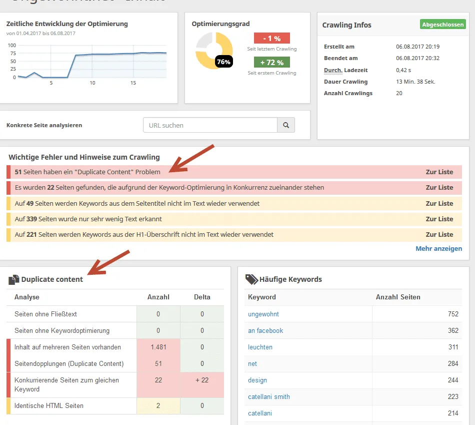 Seobility zeigt doppelte Inhalte in der Content-Analyse