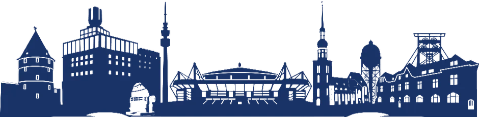 Skyline of Dortmund with its landmarks: Zeche, Reinoldikirche, Florianturm, Signal Iduna Park, Dortmunder U and Adlerturm