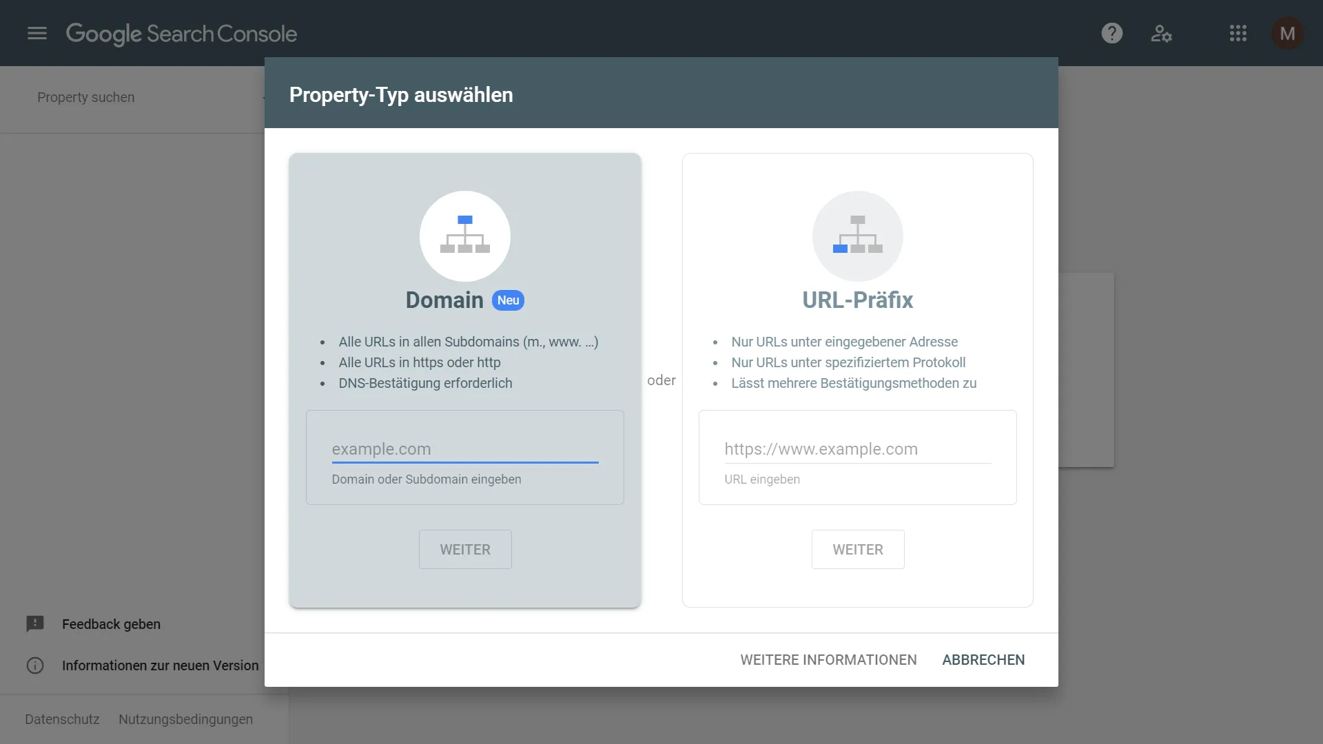Google Search Console: Property über Domain oder URL-Präfix hinzufügen