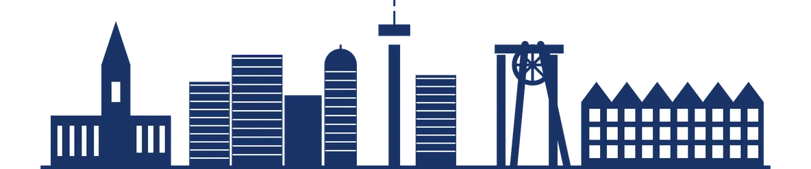 Skyline von Essen mit Zeche Zollverein, Kirchturm und Hochhäusern