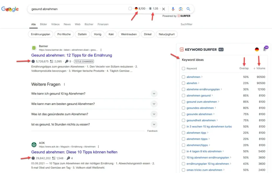 Keyword research with a keyword tool: search volume and keyword ideas
