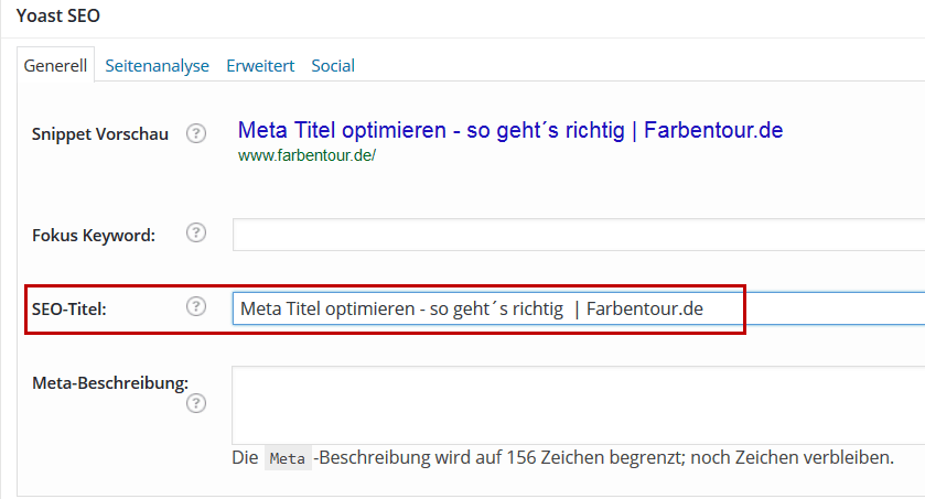 Mittels dem SEO by Yoast Plugin lässt sich der "SEO Title" schnell und einfach ändern