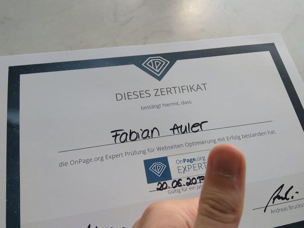 Zertifikat Onpage Expert - Freude