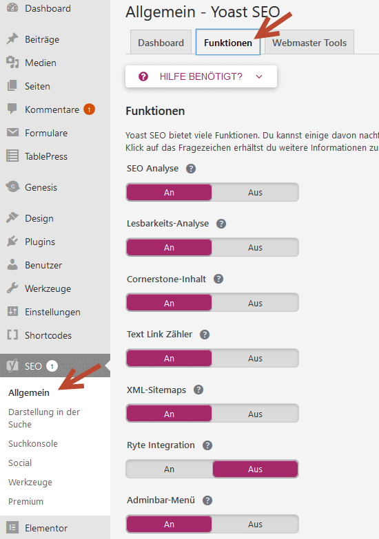 Yoast SEO Funktionen einstellen