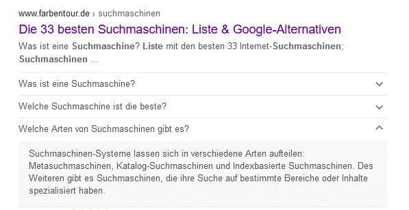 Beispiel FAQ Box in den SERPS