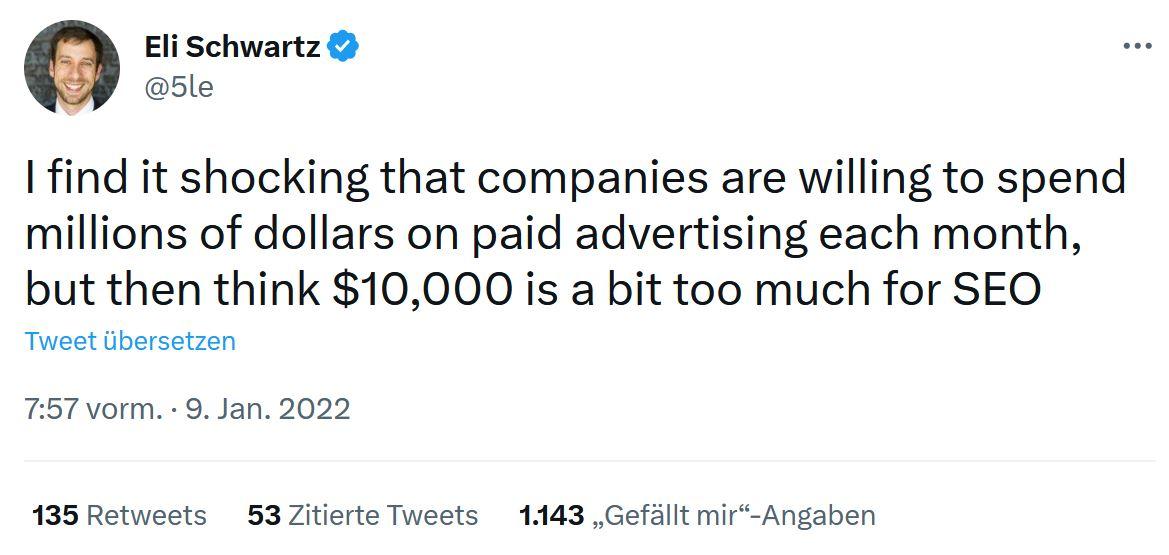 10k Tweet über SEO Kosten von Eli Schwartz - Twitter