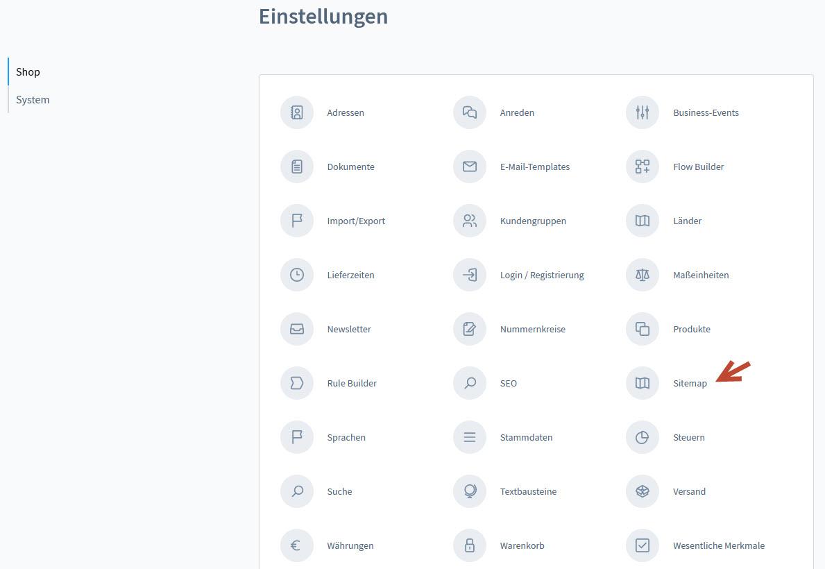 Shopware 6 Sitemap unter Einstellungen