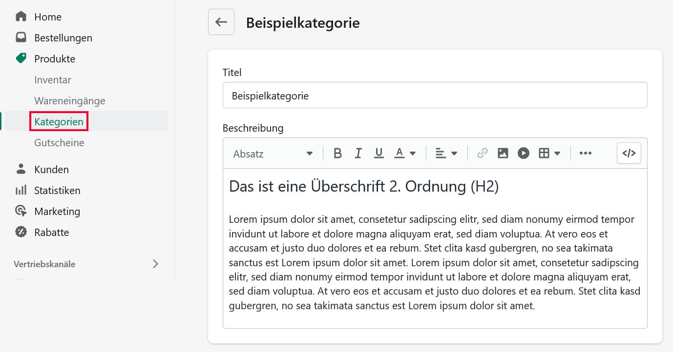Kategroietext anlegen Shopify SEO