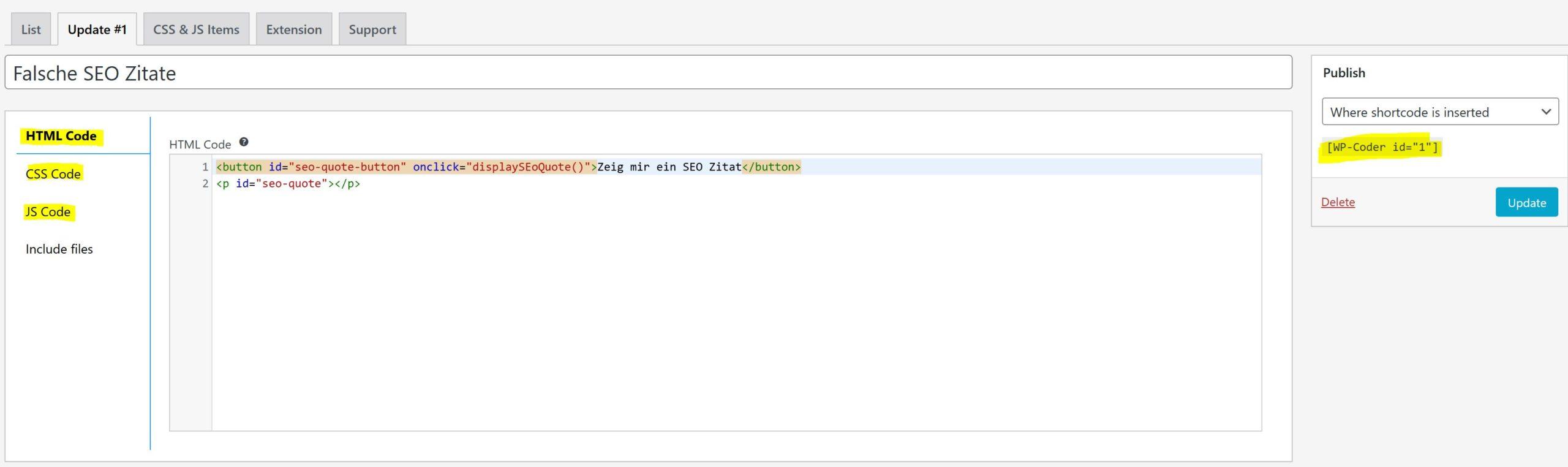 WP Coder Code eintragen