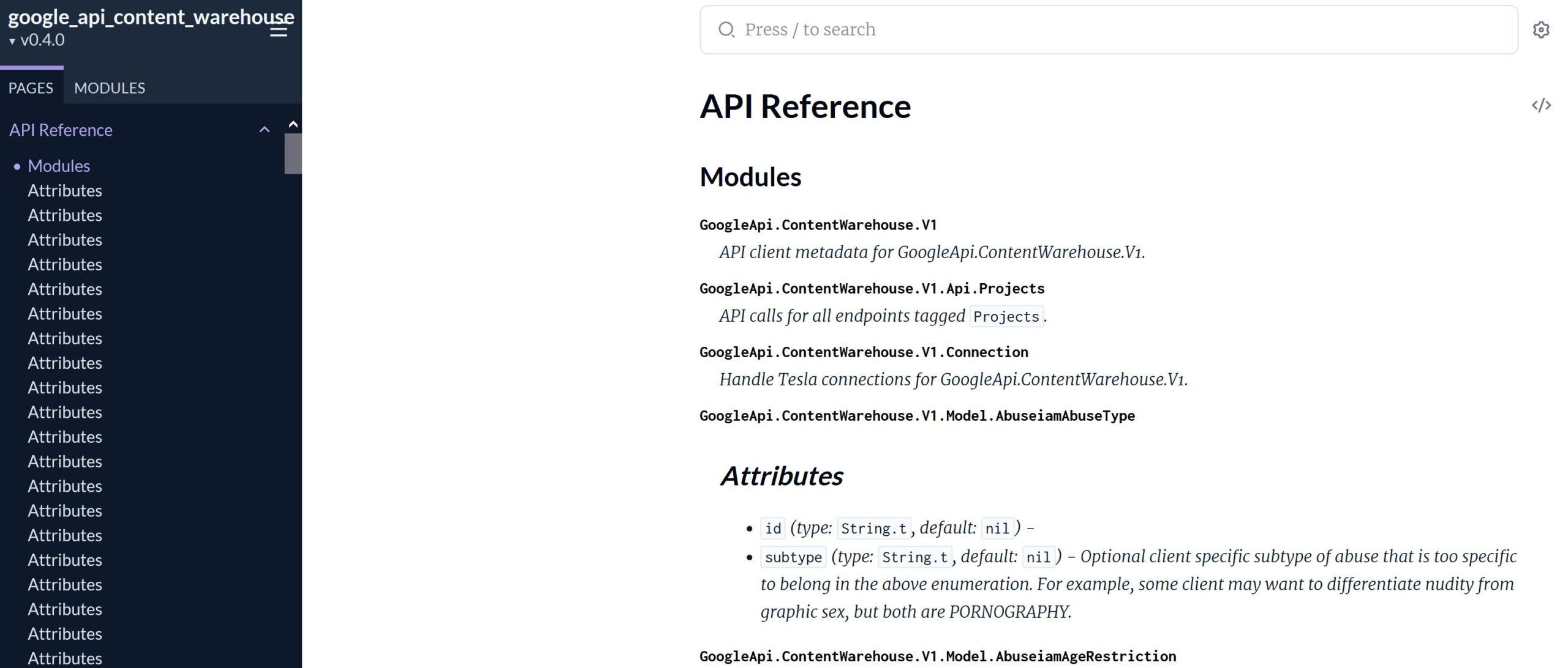 API Warehouse Google Leaks HexDocs