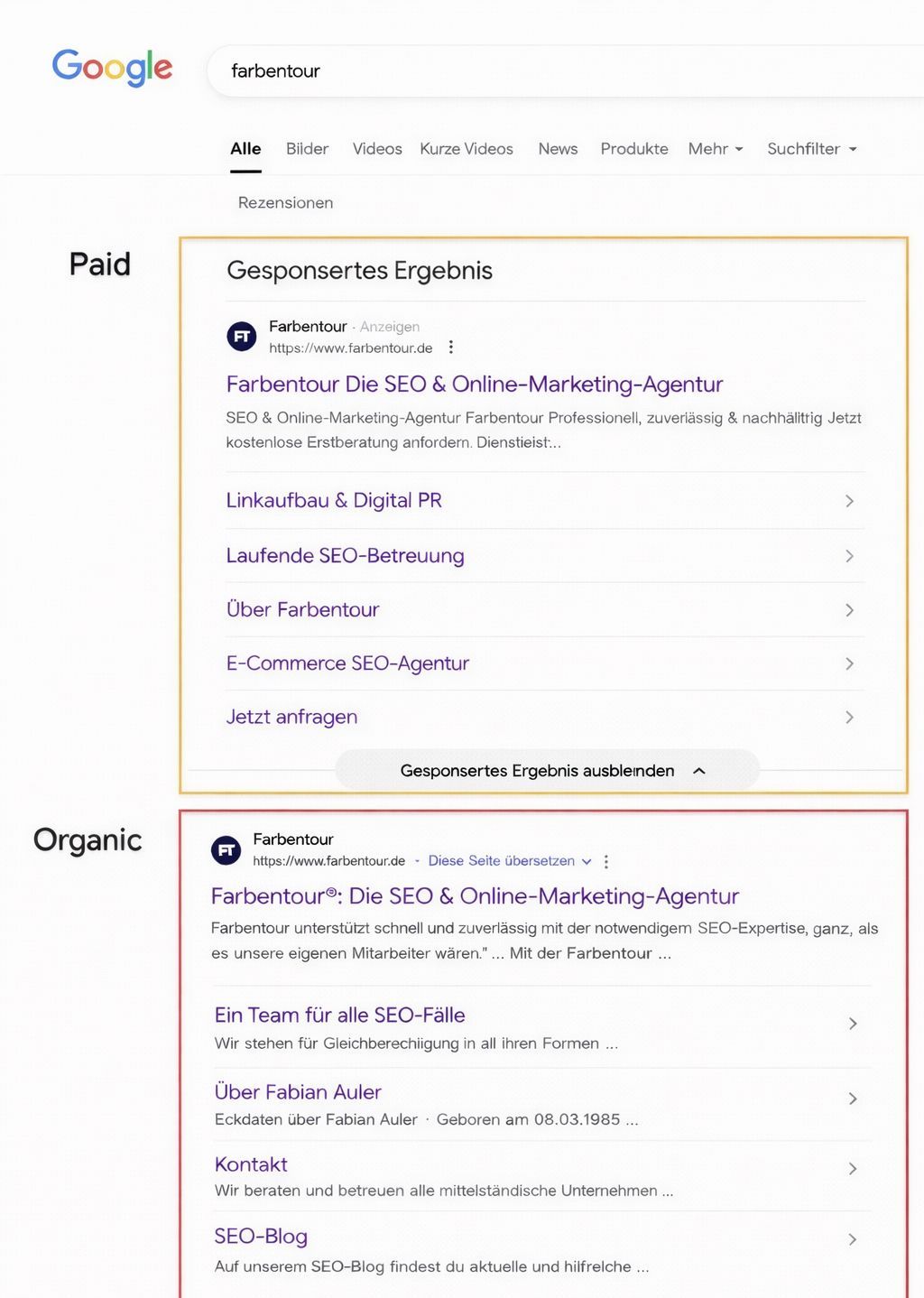 Abb.: Der organische Bereich (rot) mit bezahlten Paid vs Organic Google SERPsAnzeigen (orange)
