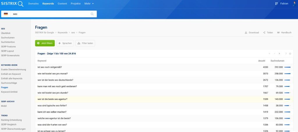SEO W Fragen mit Sistrix